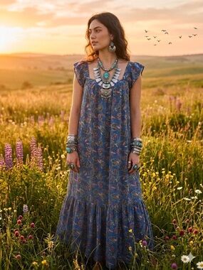 Knox Rose blue Floral Maxi dress with ruffle hem & sleeves. LARGE